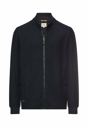 Schwarze Jacke mit durchgehendem Reißverschluss, Stehkragen, gerippten Bündchen, Seitentaschen mit Knopfverschlüssen und strukturierter Stoffqualität.