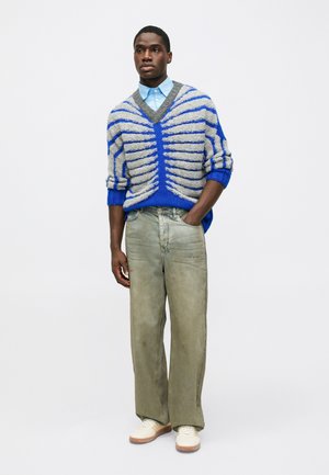 Pulover tricotat în dungi gri și albastre, cu decolteu în V, asortat cu blugi verzi măslinii largi și adidași crem. Cămășă albastră cu guler dedesubt.