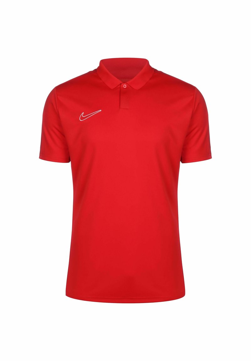 Punane polo-särk, mis on valmistatud siledast kangast, millel on krae ja kaks nuppu, vasakul pool on väike valge Nike logo.