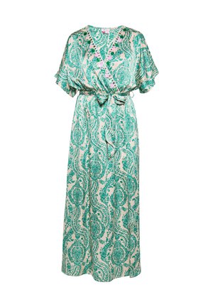 Ilgų rankovių suknelė iš lengvos medžiagos, su žaliais paisley raštais ant šviesiai smėlinio fondo, trumpomis rankovėmis ir rišamu juosmens akcentu.