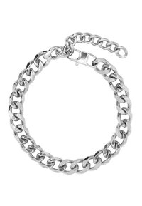 Bracciale in metallo argentato con maglie intrecciate, dotato di chiusura a granchio e un'estensione della catena regolabile per adattarlo alla misura.