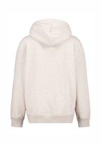 Hellbeige Hoodie aus weichem Stoff, mit einer Kängurutasche, gerippten Bündchen und einer Kapuze mit Kordelzug. Die Rückansicht zeigt einen lässigen Schnitt.