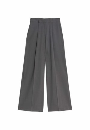 Graue weit geschnittene Hose mit hoher Taille, ausgestattet mit zwei Fronttaschen und gefalteten Plissee-Details für ein strukturiertes Erscheinungsbild. Weicher Stoff.