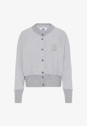 Gray cropped sweatshirt made of jersey material, featuring a button-up front, ribbed cuffs and hem, and an embroidered 'B' on the chest.