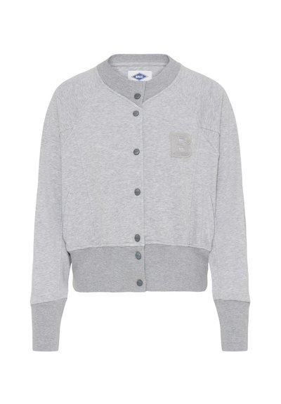 Gray cropped sweatshirt made of jersey material, featuring a button-up front, ribbed cuffs and hem, and an embroidered 'B' on the chest.