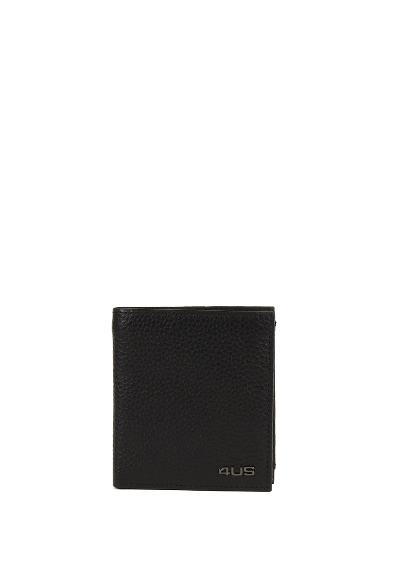 Portafoglio in pelle nera con superficie texturizzata, design a doppia piega e rifiniture argentate con il logo "4US" nell'angolo in basso a destra.