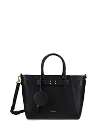 Borsa a tracolla in pelle nera con texture, doppio manico, tracolla removibile, dettagli in acciaio inossidabile dorato e una pochette a forma di chiave rotonda.