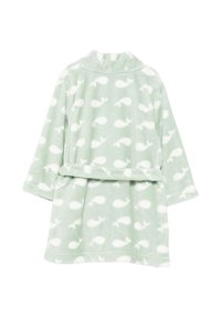 Accappatoio verde menta realizzato in morbido pile peluche con stampa di balene bianche. Presenta maniche lunghe, colletto sciallato e una cintura coordinata.