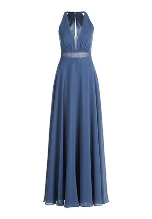 Lang, vloeiende blauwe jurk met een halternek, V-halslijn en een geraffineerde taille. Gemaakt van lichtgewicht stof met een gladde textuur.