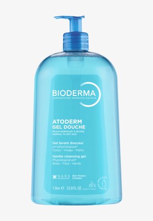 Bioderma Atoderm zachte reinigingsgel, blauwe 1-liter pompflacon voor normale tot droge huid, geschikt voor lichaam, gezicht en handen.