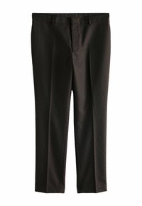 Black tailored trousers with a subtle patterned texture, featuring a straight leg design and two front pockets. Lightweight fabric.