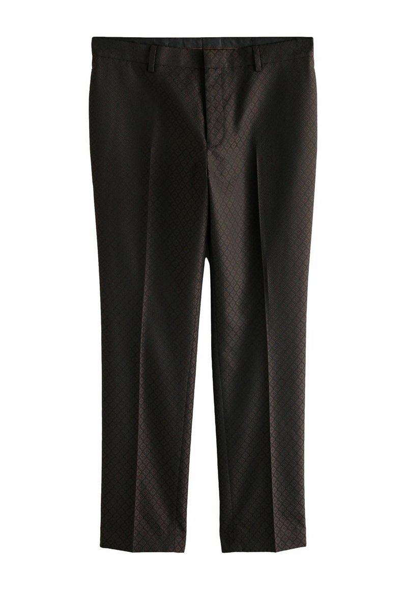 Black tailored trousers with a subtle patterned texture, featuring a straight leg design and two front pockets. Lightweight fabric.