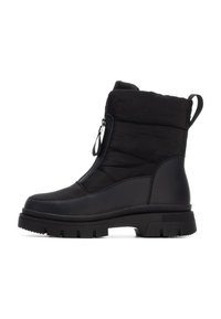 Stivaletto impermeabile nero con upper imbottito, materiale sintetico, chiusura con zip laterale e suola in gomma robusta per una migliore trazione.