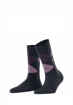 Calzini in cotone grigi con motivo argyle in tonalità di viola e nero, dotati di un bordo a coste e un sottile dettaglio del logo sul lato.