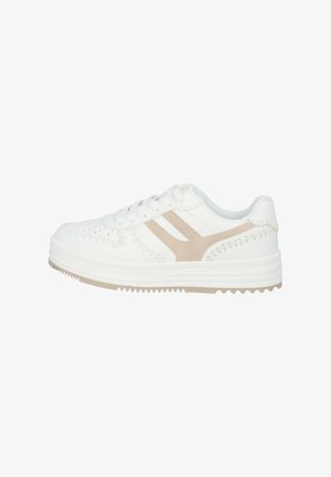 White sneaker with perforated detailing, beige suede accents, and dual beige stripes. Thick rubber sole with textured tread design.