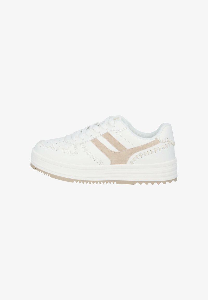 Weiße Sneaker mit perforierten Details, beigen Wildleder-Akzenten und doppelten beigen Streifen. Dicken Gummisohle mit strukturiertem Profil.