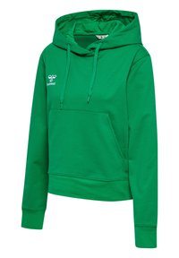 Grüner Kapuzenpullover mit einer Fronttasche und Kordelzügen. Mit einem bedruckten Logo auf der linken Seite. Aus bequemem Stoff gefertigt.