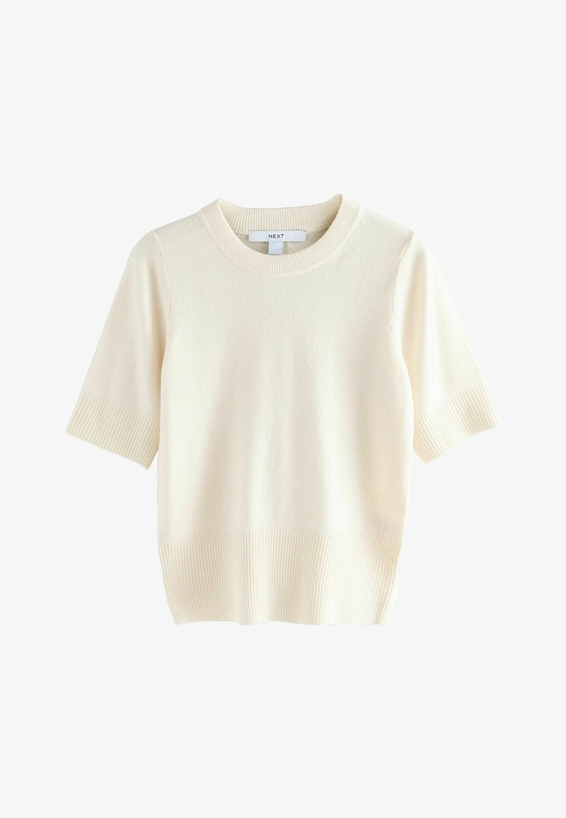 Cream-colored short-sleeve knit sweater with ribbed crew neckline, sleeves, and hem, displayed on a white background.