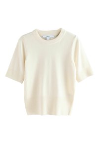 Pull en tricot à manches courtes de couleur crème avec un col rond côtelé, des manches côtelées et un ourlet, présenté sur un fond blanc.