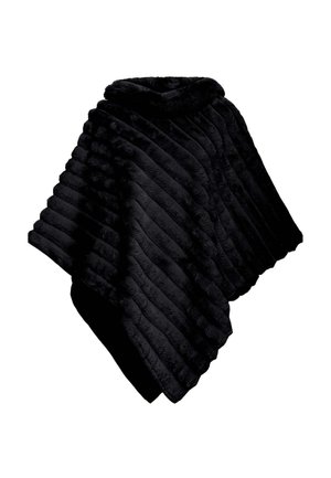 Cape noire en peluche avec un col haut et de larges reliefs diagonaux, sur fond blanc.
