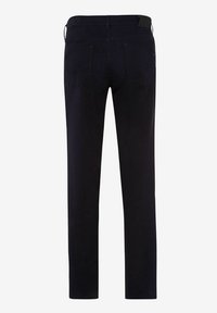 Pantaloni slim-fit blu scuro con una texture liscia, dotati di due tasche posteriori e una vita cucita. Senza marchi o decorazioni visibili.