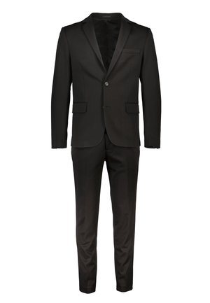 Schwarzer Anzug mit einem Ein-Knopf-Verschluss, Reverskragen und slim-fit Hose. Aus glatter Stoff mit einem dezenten Glanz gefertigt.