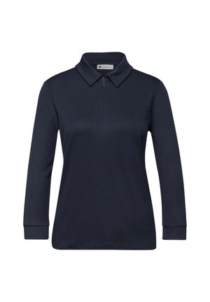 Navy long-sleeve polo top with a zippered collar, made of soft material, featuring a smooth texture and fitted design.