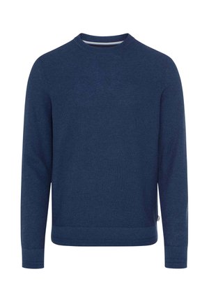 Marineblauer Strickpullover mit Rundhalsausschnitt, langen Ärmeln und gerippten Bündchen sowie Saum. Verfügt über eine dezente Struktur und ein figurbetontes Design.