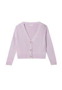 Cardigan parme côtelé avec col en V, manches longues et cinq boutons en bois sur le devant. Texture douce et coupe courte.