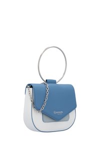Blue and white synthetic leather handbag with a silver circular handle, flap closure, and a chain strap. Features textured surfaces and contrasting colors.