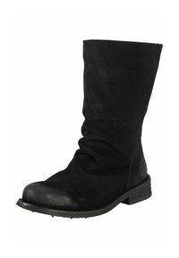 Black suede ankle boot with a slouched design, rounded toe, low heel, and textured surface. Simple stitching; no visible hardware or accents.