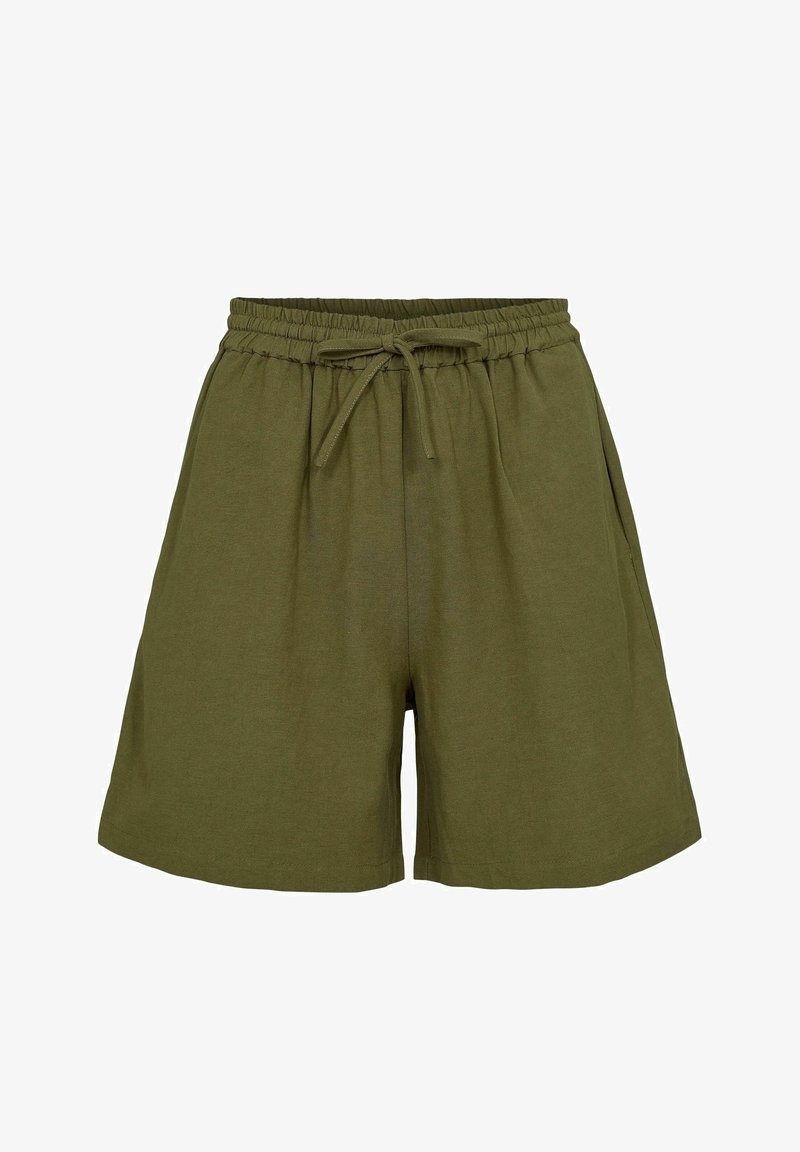 Pantaloni corti in misto cotone verde oliva con vita regolabile, dotati di tasche laterali e vestibilità comoda. Texture liscia, lunghezza sopra il ginocchio.