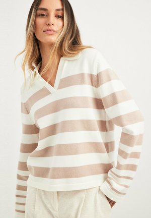Striped pullover sweater in cream and light brown, featuring a V-neck and collar, with a relaxed fit and textured fabric.
