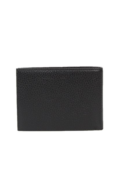 Sort læderpunge med en tekstureret overflade, rektangulær form og rene kanter. Kompakt design, der er velegnet til kort og små genstande.