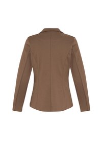 Veste blazer marron taillée sur mesure, vue de dos, avec manches longues et taille légèrement cintrée.