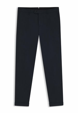 Navy blue trousers with a straight-cut design, featuring belt loops, side and back pockets, and rolled cuffs. Made from a smooth material.
