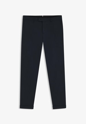 Navyblauwe broek met een recht model, voorzien van riemlussen, zij- en achterzakken, en opgerolde manchetten. Gemaakt van een glad materiaal.