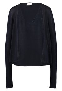 Navy blue lightweight cardigan made of sheer fabric, featuring a loose fit, long sleeves, and an open front design without buttons.