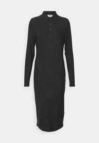 Schwarz geripptes Midikleid mit kragenförmigem Ausschnitt, langen Ärmeln und einer Drei-Knopf-Leiste. Glatte Textur, figurbetonter Schnitt.