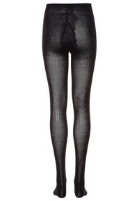 Collant neri trasparenti con un design senza cuciture, caratterizzati da una texture liscia e una silhouette aderente, che si estendono dalla vita alle dita dei piedi senza cuciture visibili.