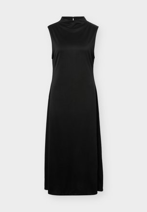Sleeveless black midi dress with high neckline and slight flare, displayed against a plain light background.