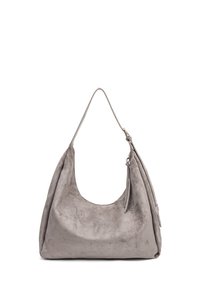 Borsa hobo in suede grigia con una singola tracolla, parte superiore curva e texture liscia. Presenta una cerniera laterale e dettagli di design minimalisti.