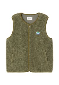 Olive green fleece vest with a textured surface, front snap closures, and two side pockets; features a small branded patch.