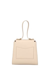 Borsa a tracolla in pelle beige con un design strutturato e angolare, manico superiore e tasca frontale a toppa. Accessori in metallo.