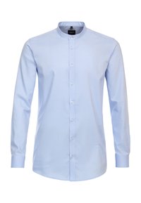  Lichtblauw overhemd met lange mouwen en een staande kraag, voor knopen en een slanke pasvorm. Gemaakt van een zachte stof met een subtiele glans.