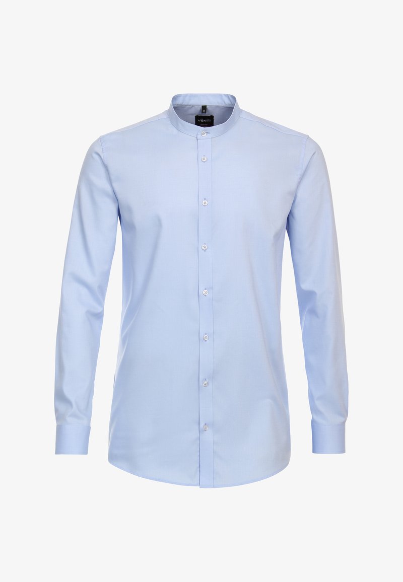 Lichtblauw overhemd met lange mouwen en een staande kraag, voor knopen en een slanke pasvorm. Gemaakt van een zachte stof met een subtiele glans.