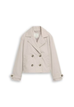 Hellbeige, kurz geschnittene, zweireihige Jacke mit breiten Revers, vier Knöpfen vorne, Seitentaschen und mit Knöpfen versehene Manschetten an den langen Ärmeln.