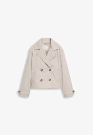 Hellbeige, kurz geschnittene, zweireihige Jacke mit breiten Revers, vier Knöpfen vorne, Seitentaschen und mit Knöpfen versehene Manschetten an den langen Ärmeln.