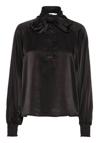Blusa in satin nera con collo alto e dettaglio a fiocco. Caratterizzata da maniche lunghe con polsini arricciati. Tessuto morbido e vestibilità rilassata.