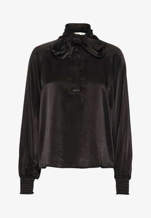 Czarna satynowa bluzka z wysokim kołnierzem i detalem w postaci kokardy. Posiada długie rękawy z marszczonymi mankietami. Gładka faktura i luźny krój.